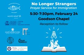 Image that says No Longer Strangers: Prayer Service for Immigration with the time and location of the event. Logos for the four sponsoring organizations are displayed along with a graphic of a family carrying baggage and running across the pages of an open Bible under a prayer hands symbol.